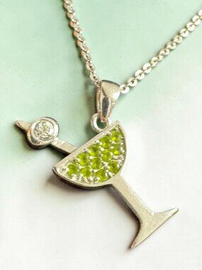 925 Sterling‎ Silver Peridot CZ Martini Pendant 16" Necklace